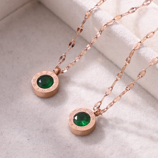 Rose Gold Emerald Round Glass Stone Pendant Necklace - Image 2