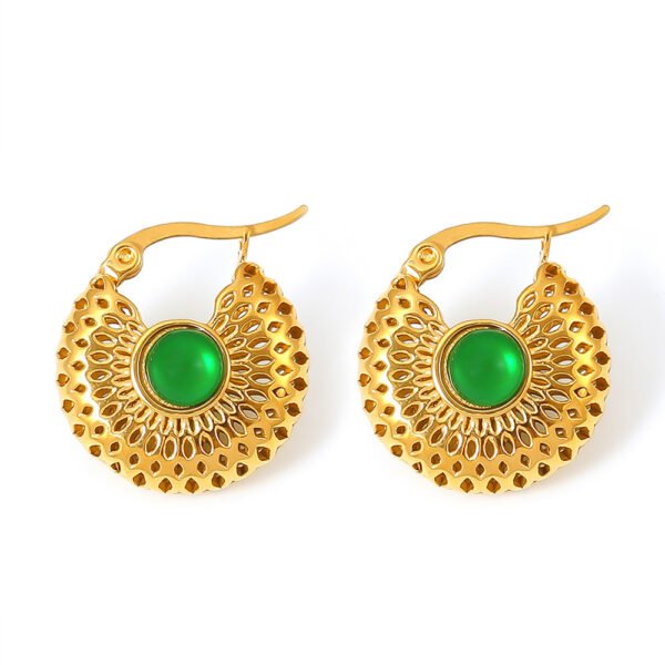 Vintage Green Glass Hollow Gold Earrings