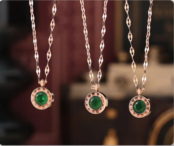 Rose Gold Emerald Round Glass Stone Pendant Necklace - Image 7