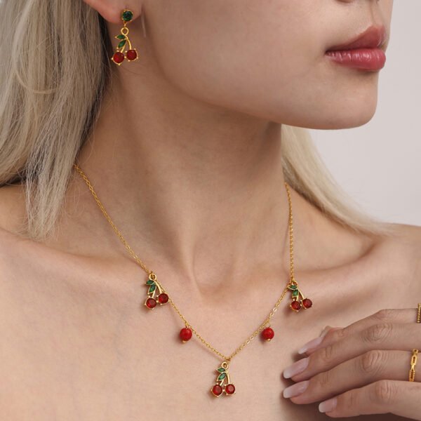 Red Cherry Fruit Multi-Accessories Glass Stone Necklace - Image 4