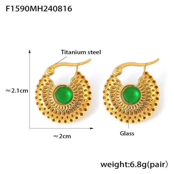 Vintage Green Glass Hollow Gold Earrings - Image 5